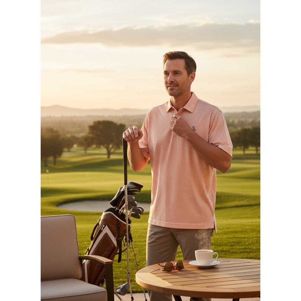 FootJoy Mens Peach White Striped Short Sleeve Golf Polo Shirt‎ Large FJ Logo